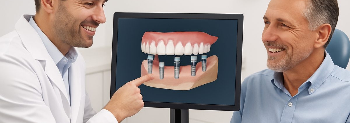 A dentist is pointing to a set of all-on-four dental implants on a computer screen for a patient. The dentist and patient are smiling. No text on the image.