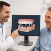 A dentist is pointing to a set of all-on-four dental implants on a computer screen for a patient. The dentist and patient are smiling. No text on the image.