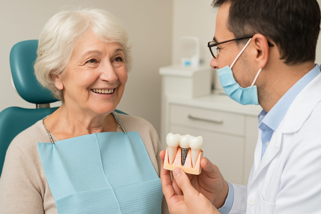 A smiling senior woman is talking to her dentist about "dental implants Miami Dade county fl." No text on the image.