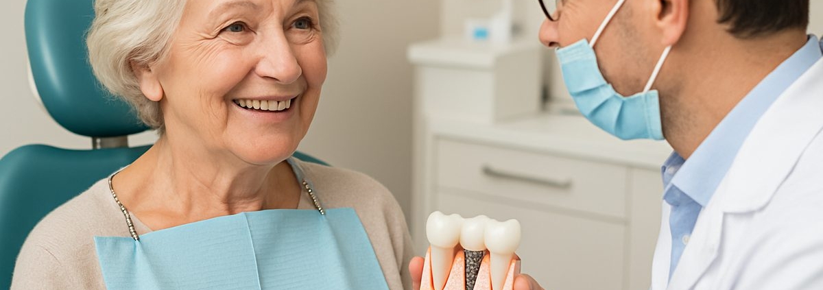 A smiling senior woman is talking to her dentist about "dental implants Miami Dade county fl." No text on the image.