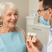 A smiling senior woman is talking to her dentist about "dental implants Miami Dade county fl." No text on the image.