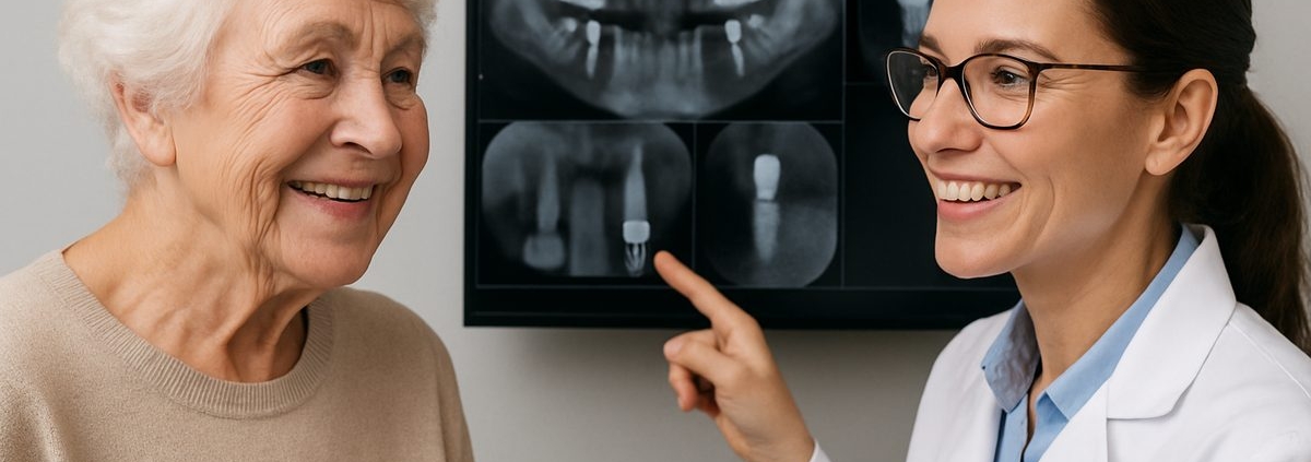 A smiling senior woman is talking with a friendly, professional, middle-aged female implant dentist. The dentist is pointing to digital X-rays on a monitor in the background. No text on image.