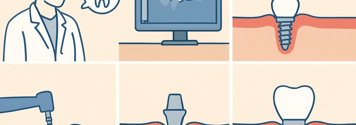 An infographic showing a step-by-step tooth implant process, from initial consultation and digital planning to surgical placement, healing, abutment placement, and final restoration. No text on the image.