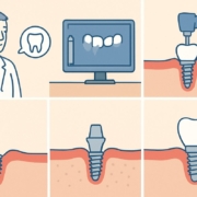 An infographic showing a step-by-step tooth implant process, from initial consultation and digital planning to surgical placement, healing, abutment placement, and final restoration. No text on the image.
