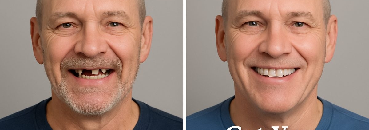 Before and after photo of a patient who received full mouth dental implants. The after photo has the text "Get Your Smile Back!" on the lower third.