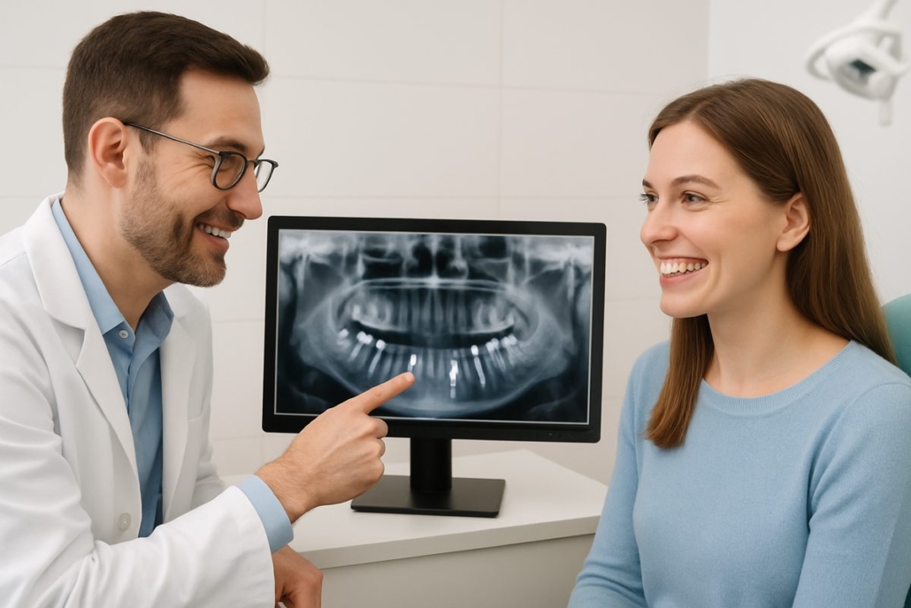 Image of a dentist explaining an x-ray of a patient's mouth, pointing to where dental implants would be placed. The patient is smiling and engaged.