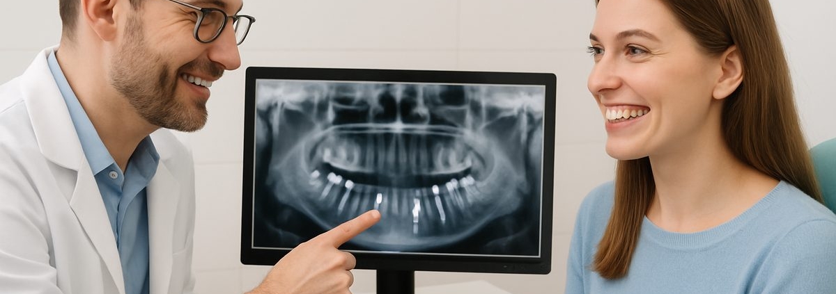 Image of a dentist explaining an x-ray of a patient's mouth, pointing to where dental implants would be placed. The patient is smiling and engaged.