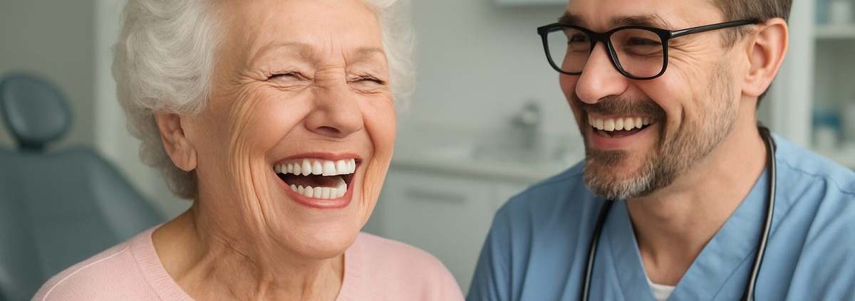 Image of a smiling elderly woman with full, bright white dentures, laughing with a dentist in a modern office to showcase full mouth dental implants. No text on image.