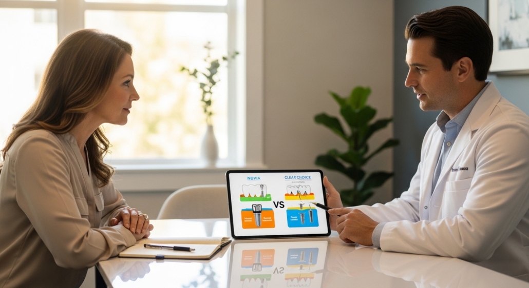 Dentist consulting with a patient on dental implant options in a modern clinic.