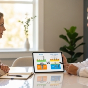 Dentist consulting with a patient on dental implant options in a modern clinic.