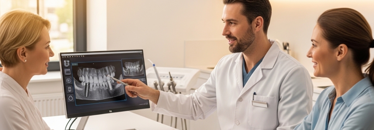 Dental consultation in a modern office discussing implant options