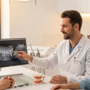 Dental consultation in a modern office discussing implant options