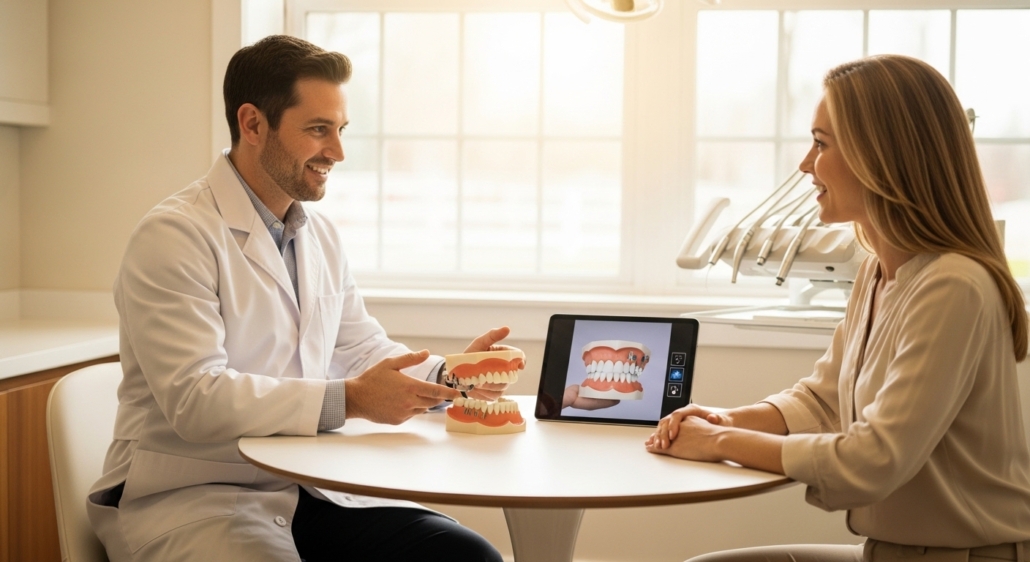 Patient consulting with dentist in modern implantology practice