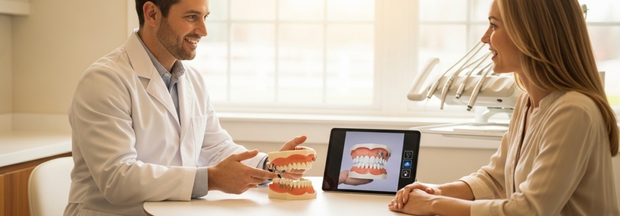 Patient consulting with dentist in modern implantology practice