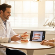 Patient consulting with dentist in modern implantology practice