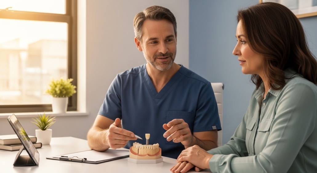 Dentist discussing dental implant options with a patient in a modern clinic.
