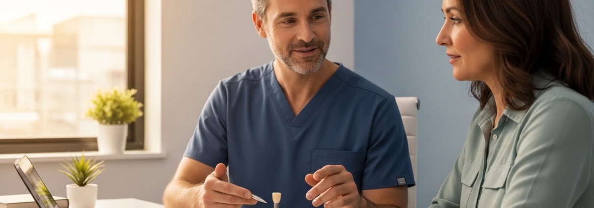 Dentist discussing dental implant options with a patient in a modern clinic.