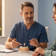 Dentist discussing dental implant options with a patient in a modern clinic.