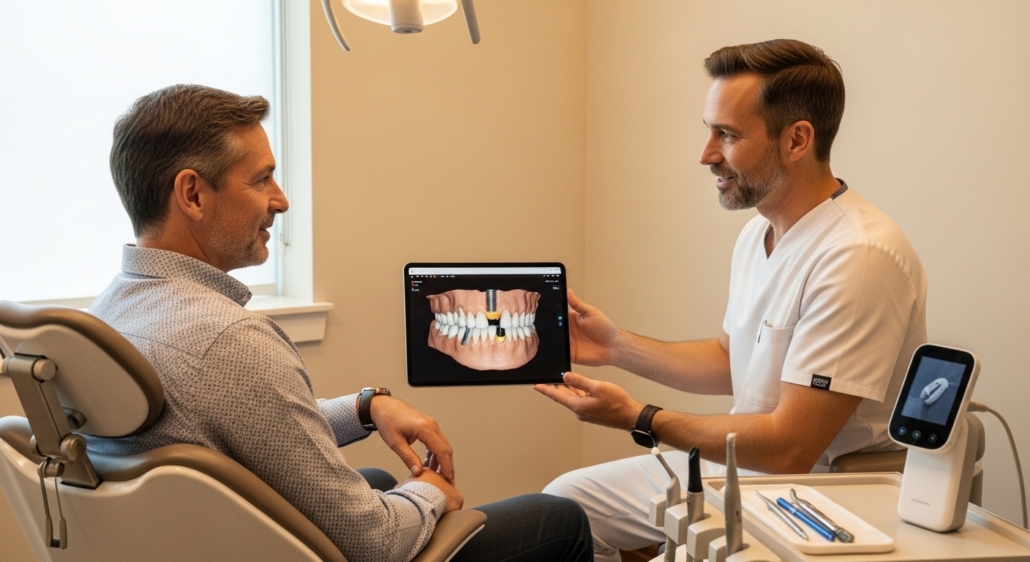 Patient and dentist during a dental implant consultation in a modern clinic