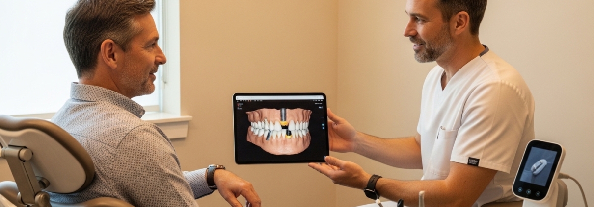 Patient and dentist during a dental implant consultation in a modern clinic