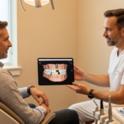 Patient and dentist during a dental implant consultation in a modern clinic