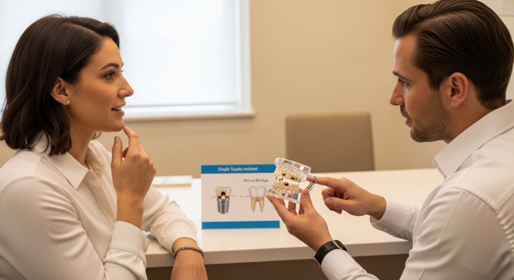Patient consults with dentist about single tooth implant and dental bridge options.
