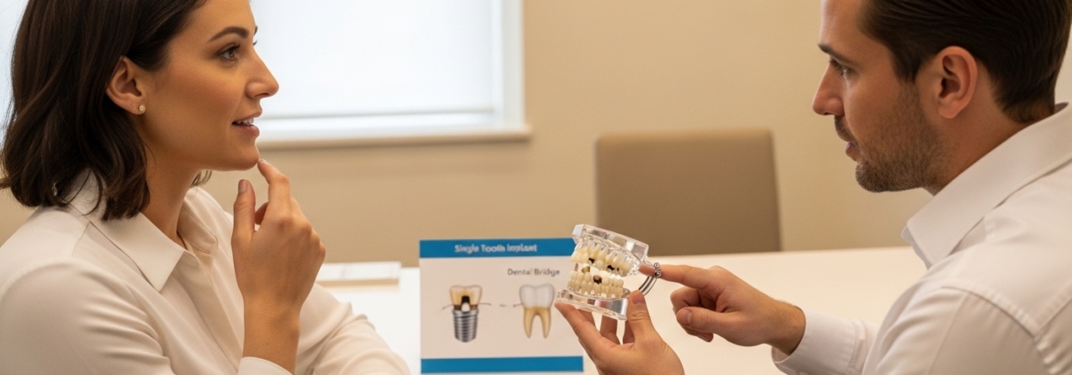 Patient consults with dentist about single tooth implant and dental bridge options.