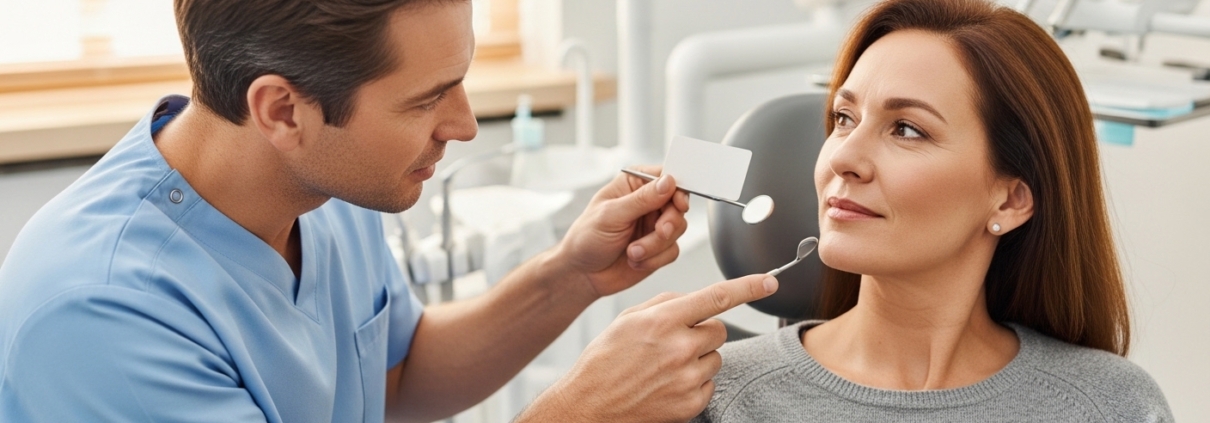 Patient consultation in modern dental clinic with implant care focus