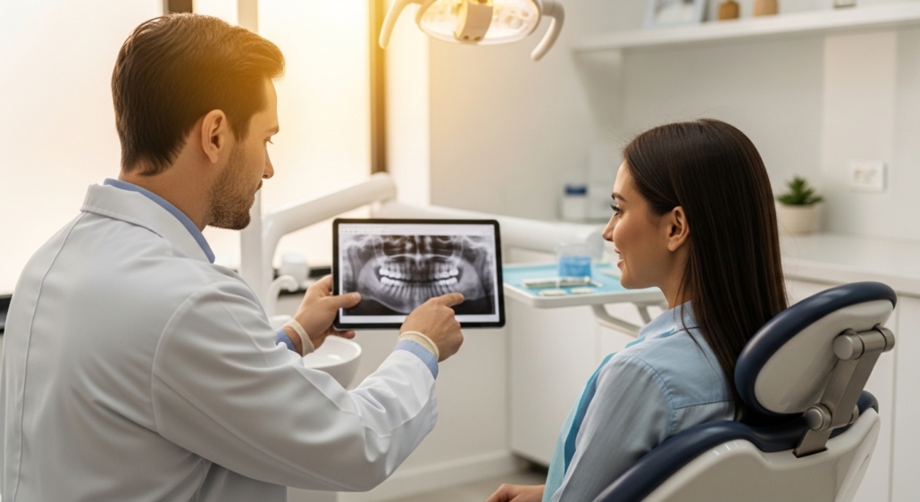 Dentist discussing checkup frequency with patient in a modern dental office