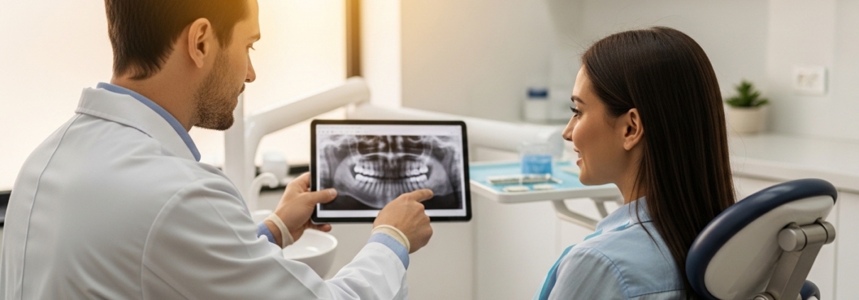 Dentist discussing checkup frequency with patient in a modern dental office