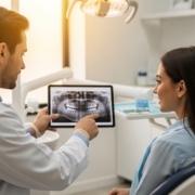 Dentist discussing checkup frequency with patient in a modern dental office