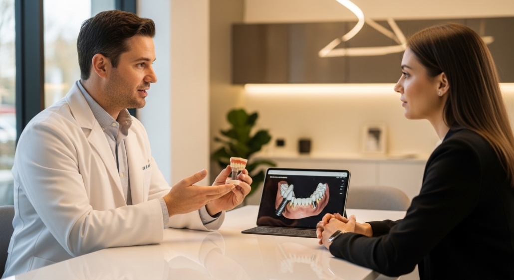 Patient consulting implantologist about dental implants in modern dental office