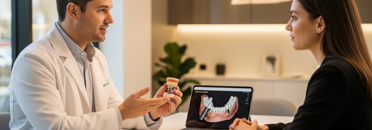 Patient consulting implantologist about dental implants in modern dental office
