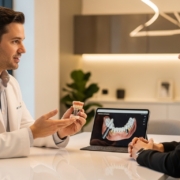 Patient consulting implantologist about dental implants in modern dental office