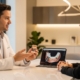 Patient consulting implantologist about dental implants in modern dental office