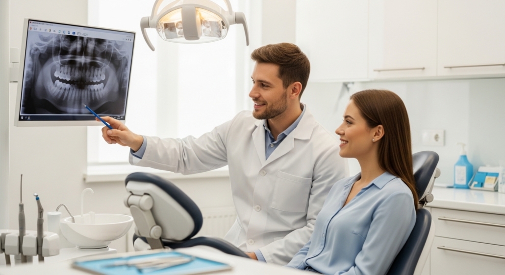 Dentist consulting with a patient in a modern dental office