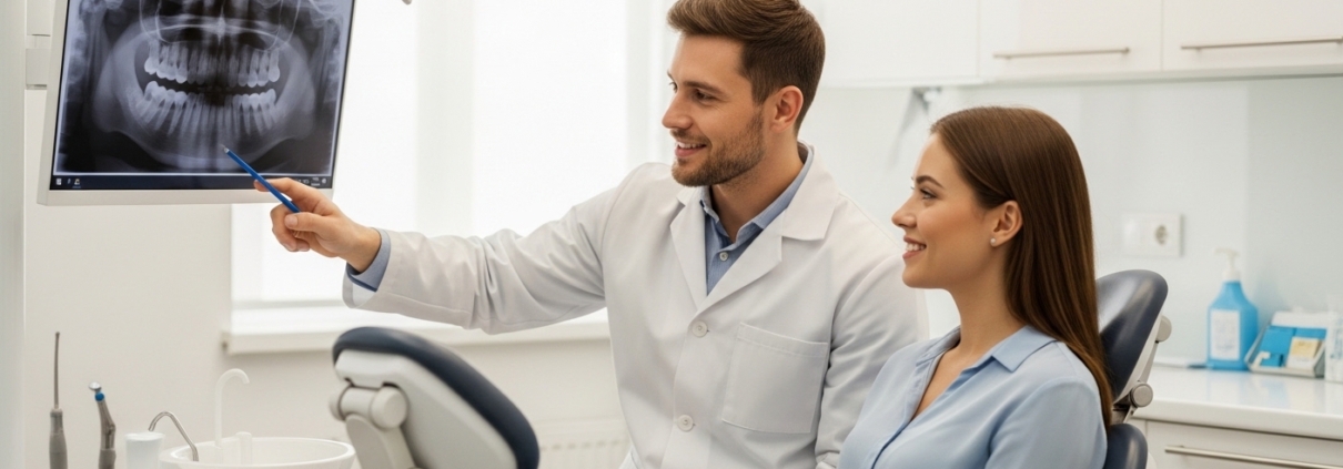 Dentist consulting with a patient in a modern dental office