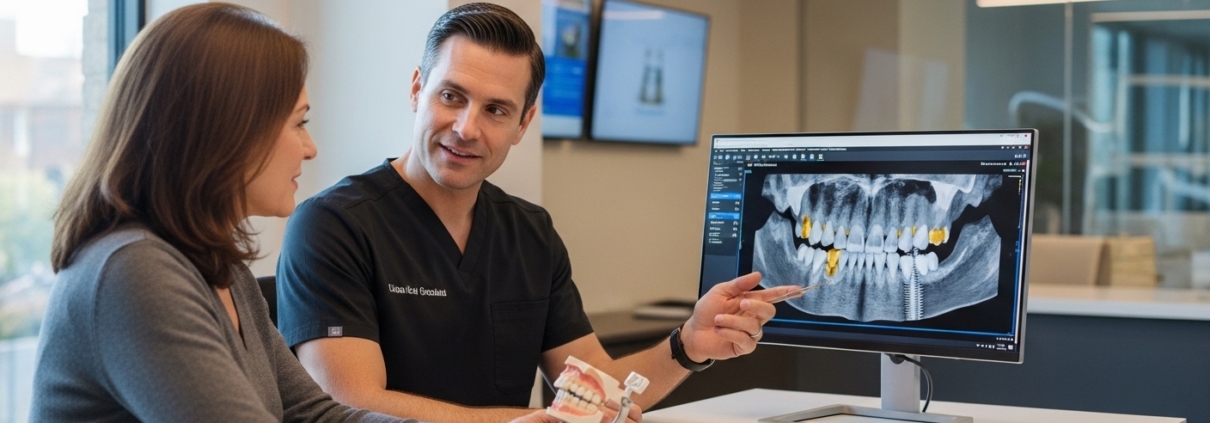 Dentist discussing dental implant options with a patient in a modern setting.