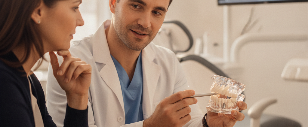 Dentist and patient consultation on dental implants in a modern clinic.