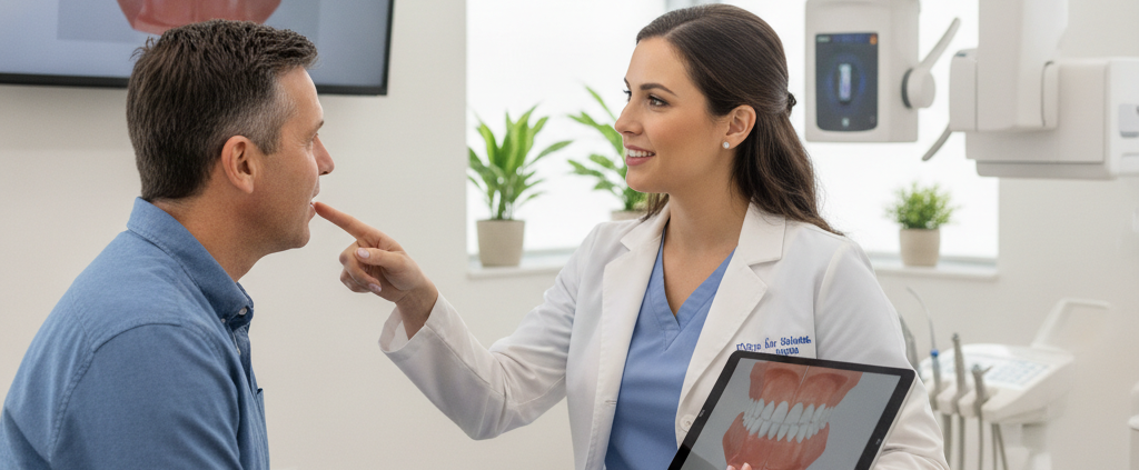 Dentist consulting with patient about dental implants in a Plantation clinic
