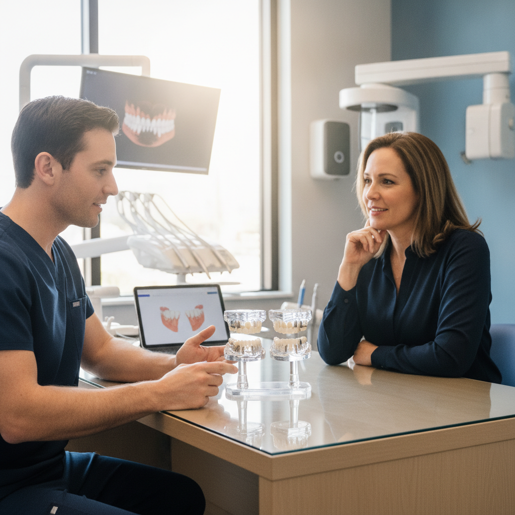 A dentist consulting with a patient about dental implant options