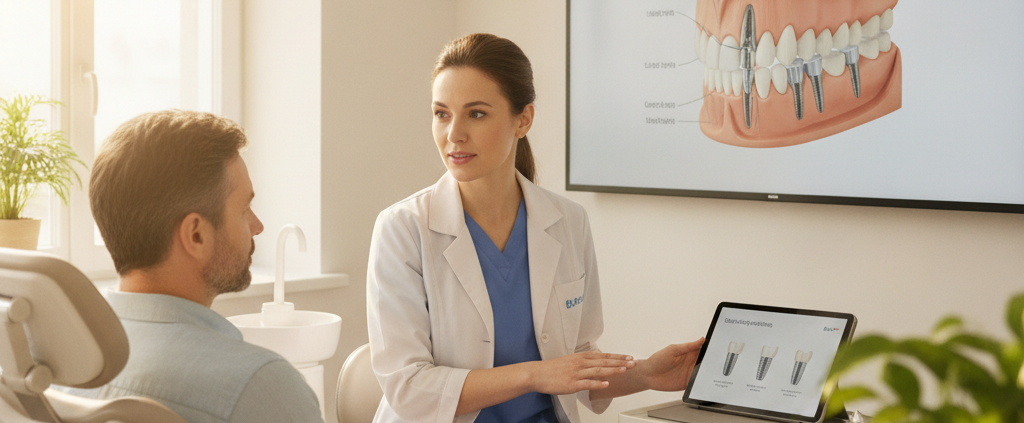 Patient consults with implantologist in a modern dental clinic