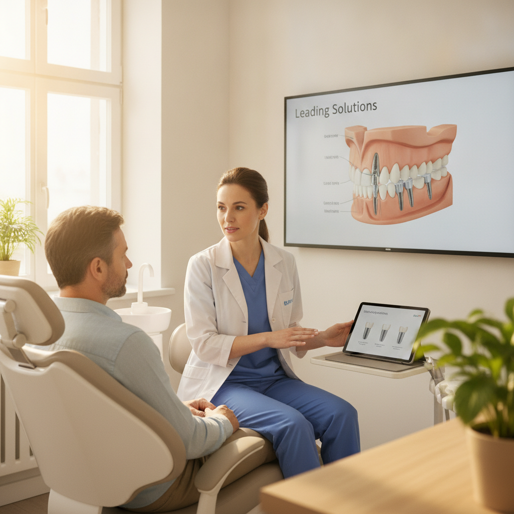 Patient consults with implantologist in a modern dental clinic