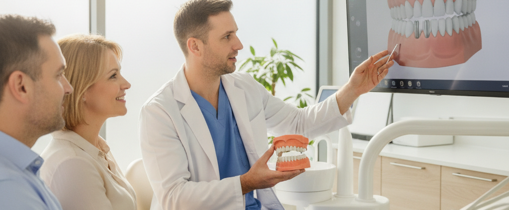 Patient discussing dental implant options with a dentist in a modern office