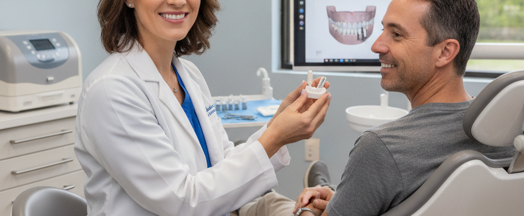 Dentist consulting patient about ceramic dental implants in a modern clinic