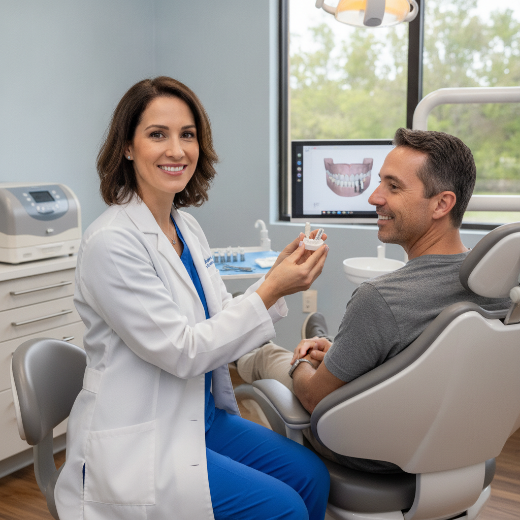 Dentist consulting patient about ceramic dental implants in a modern clinic