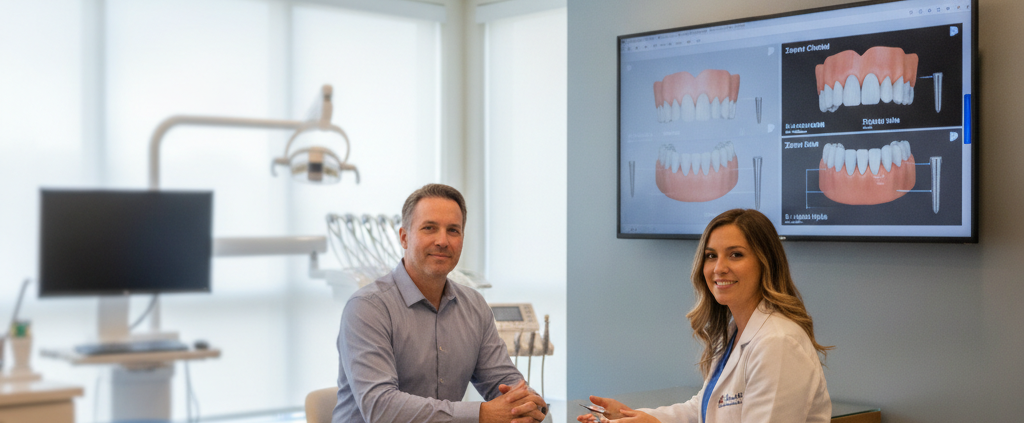 Implantologist consulting with a patient in a modern dental clinic