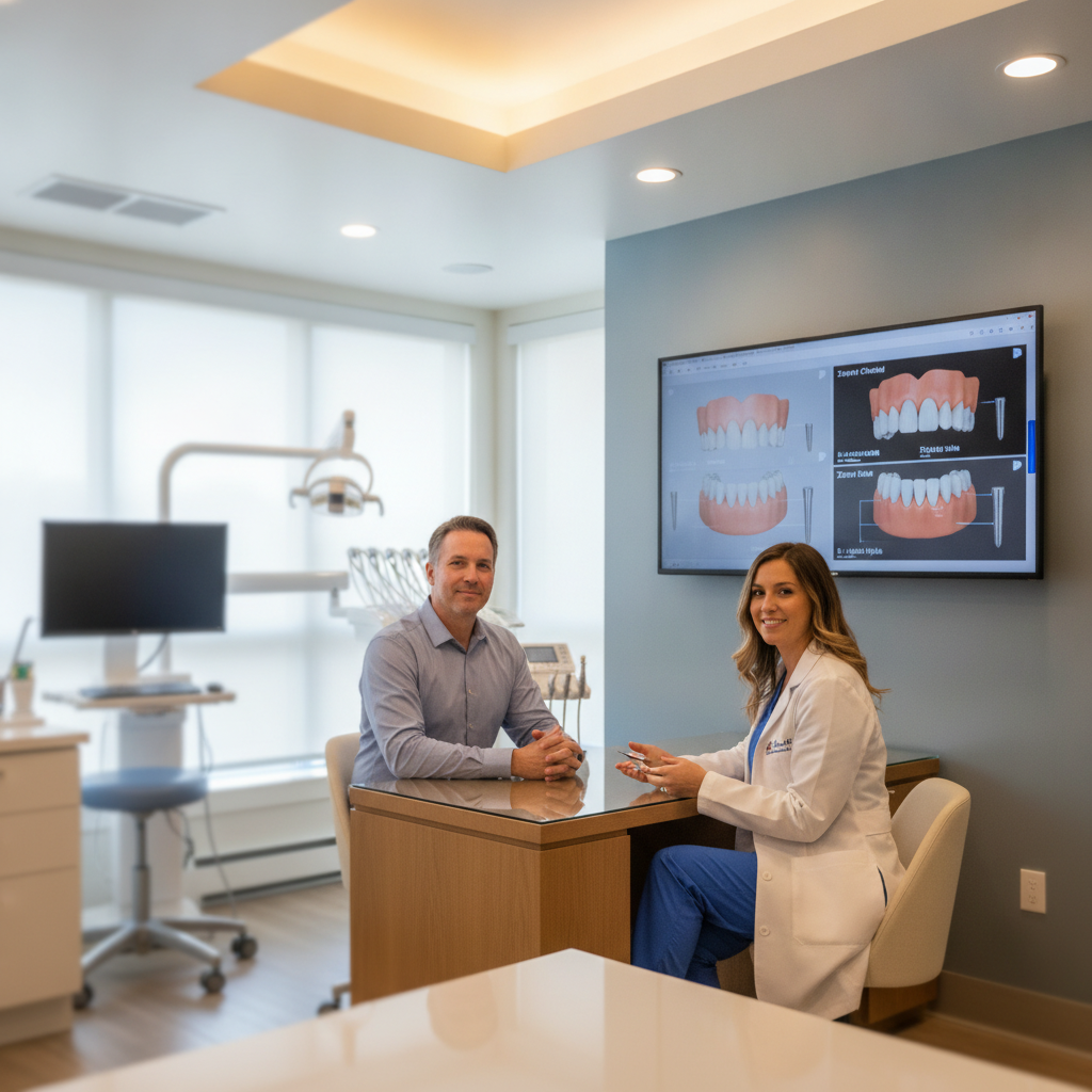 Implantologist consulting with a patient in a modern dental clinic