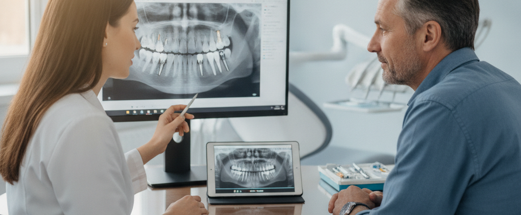Patient consultation for dental implants in a modern dental office.