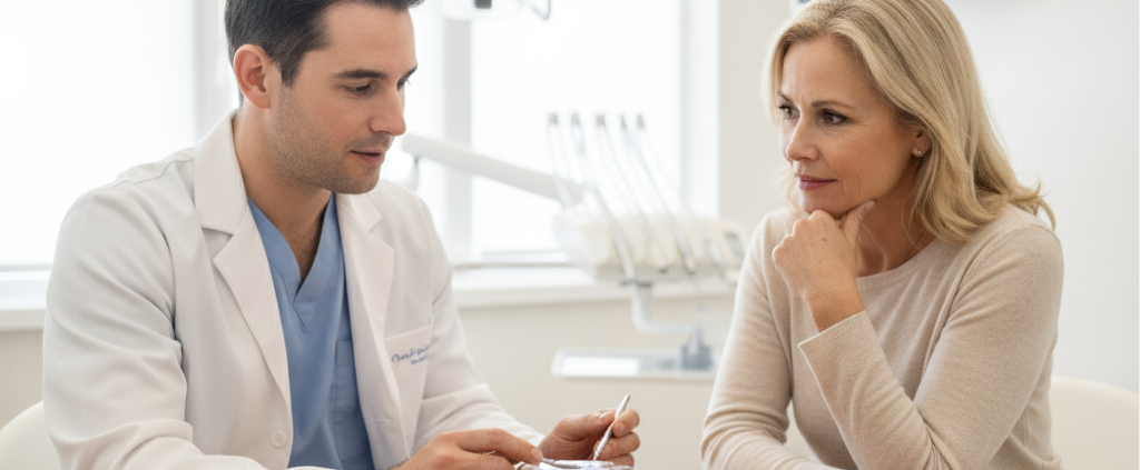 Patient consultation in a dental office discussing implant options